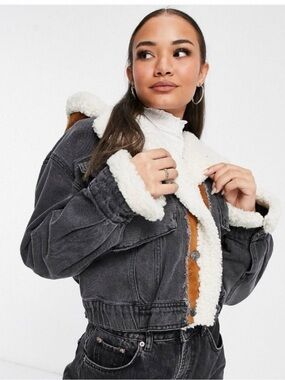 Free people washed black tan and Teddy jean denim jacket